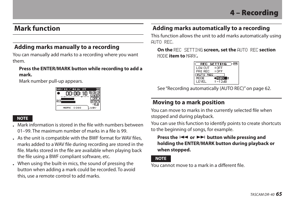 Mark function, Adding marks manually to a recording, Adding marks automatically to a recording | Moving to a mark position, 4 – recording | Teac DR-40 User Manual | Page 65 / 120