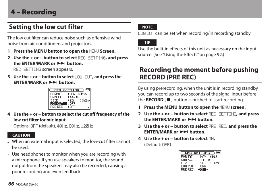 Setting the low cut filter, Pre rec), 4 – recording | Teac DR-40 User Manual | Page 66 / 120