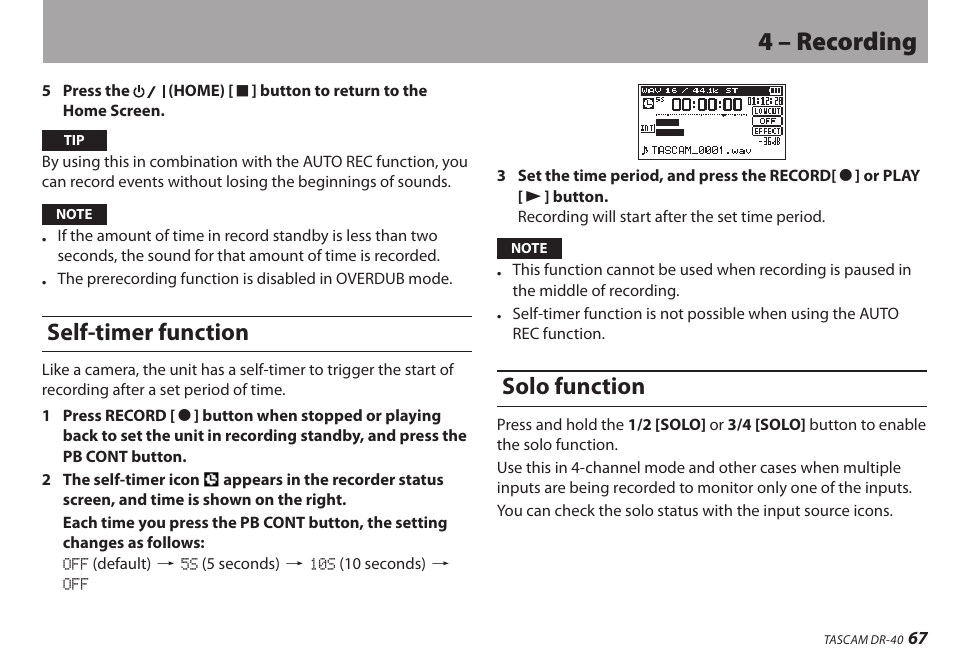 Self-timer function, Solo function, Self-timer function solo function | 4 – recording | Teac DR-40 User Manual | Page 67 / 120