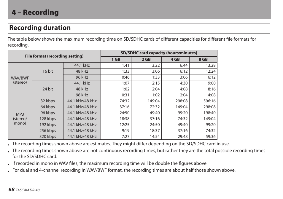 Recording duration, 4 – recording | Teac DR-40 User Manual | Page 68 / 120