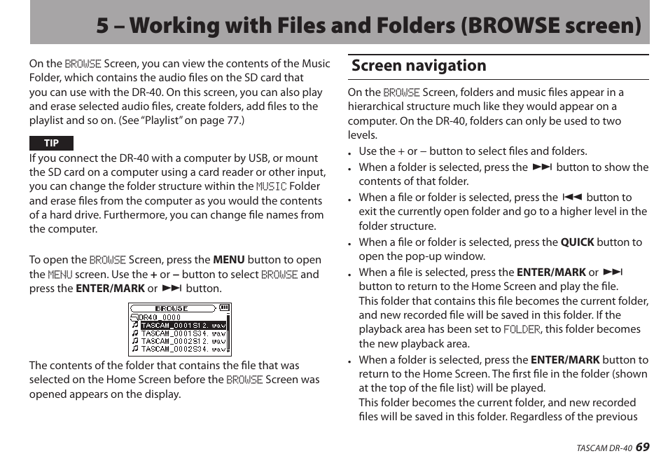 5 – working with files and folders (browse screen), Screen navigation, 5 – working with files and folders | Browse screen) | Teac DR-40 User Manual | Page 69 / 120