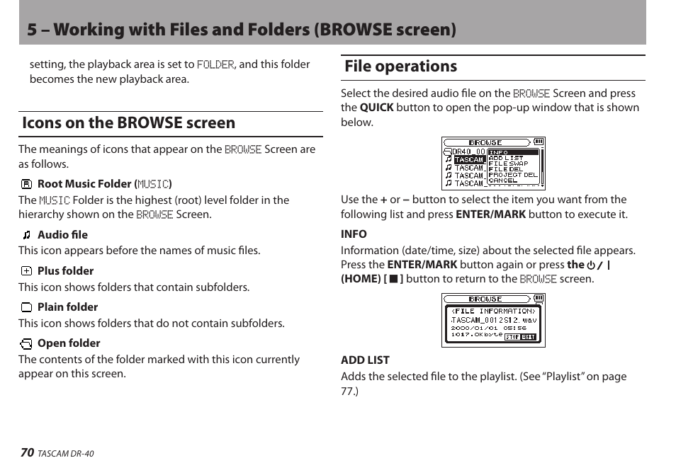 Icons on the browse screen, File operations, Icons on the browse screen file operations | 5 – working with files and folders (browse screen) | Teac DR-40 User Manual | Page 70 / 120