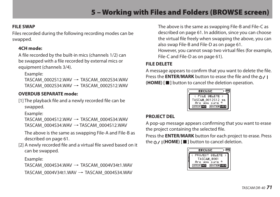 5 – working with files and folders (browse screen) | Teac DR-40 User Manual | Page 71 / 120