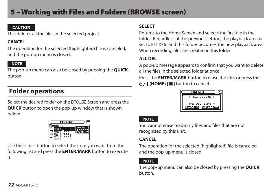 Folder operations, 5 – working with files and folders (browse screen) | Teac DR-40 User Manual | Page 72 / 120