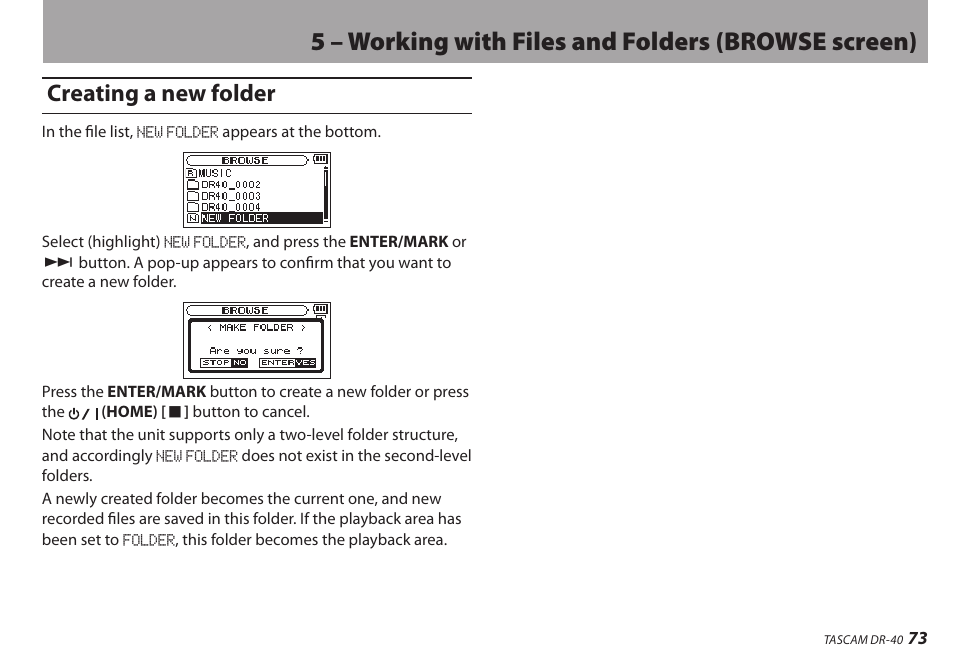 Creating a new folder, 5 – working with files and folders (browse screen) | Teac DR-40 User Manual | Page 73 / 120