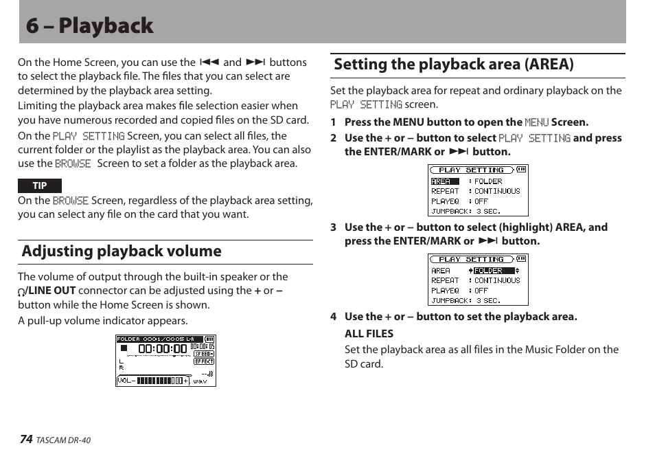 6 – playback, Adjusting playback volume, Setting the playback area (area) | Teac DR-40 User Manual | Page 74 / 120