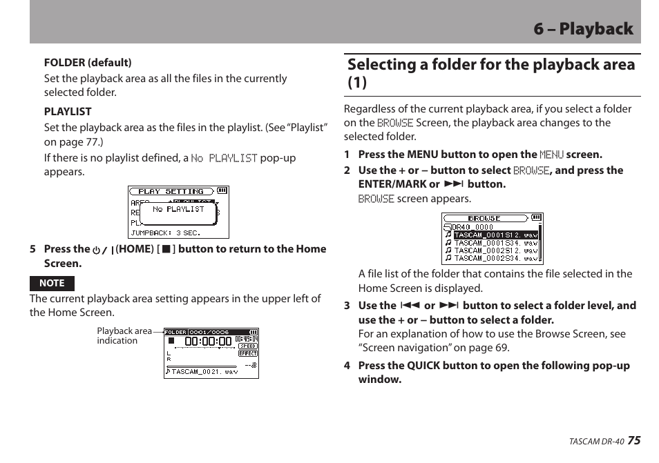 Selecting a folder for the playback area (1), 6 – playback | Teac DR-40 User Manual | Page 75 / 120