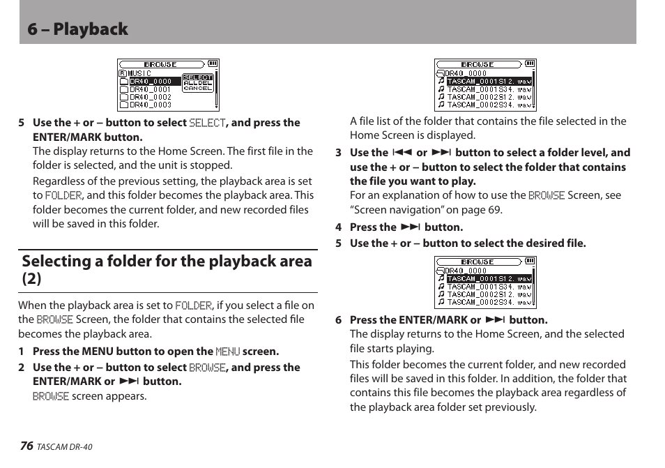 Selecting a folder for the playback area (2), 6 – playback | Teac DR-40 User Manual | Page 76 / 120