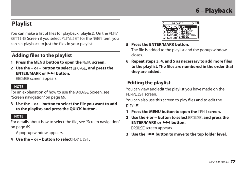 Playlist, Adding files to the playlist, Editing the playlist | Adding files to the playlist editing the playlist, 6 – playback | Teac DR-40 User Manual | Page 77 / 120