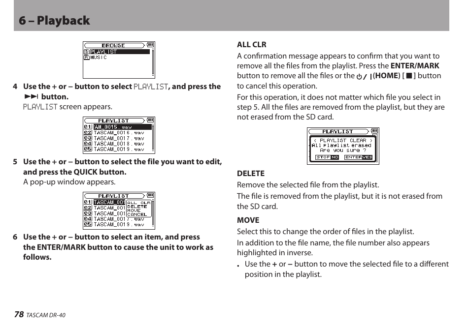 6 – playback | Teac DR-40 User Manual | Page 78 / 120