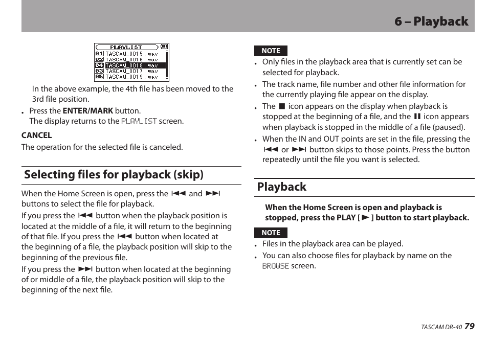 Selecting files for playback (skip), Playback, Selecting files for playback (skip) playback | 6 – playback | Teac DR-40 User Manual | Page 79 / 120