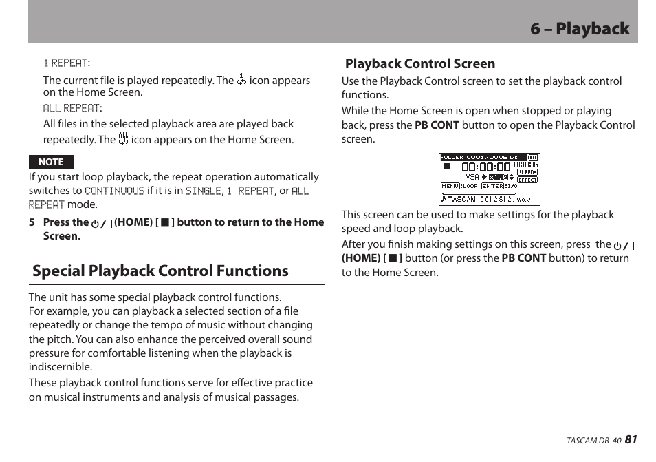 Special playback control functions, Playback control screen, 6 – playback | Teac DR-40 User Manual | Page 81 / 120