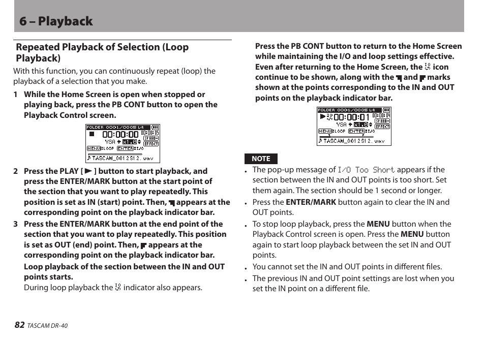 Repeated playback of selection (loop playback), 6 – playback | Teac DR-40 User Manual | Page 82 / 120