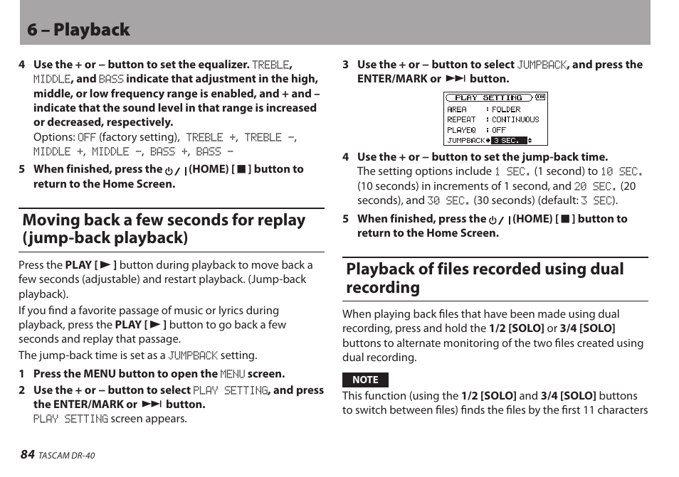 Playback of files recorded using dual recording, 6 – playback | Teac DR-40 User Manual | Page 84 / 120