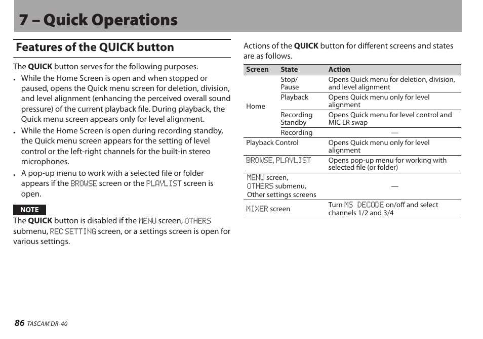 7 – quick operations, Features of the quick button | Teac DR-40 User Manual | Page 86 / 120