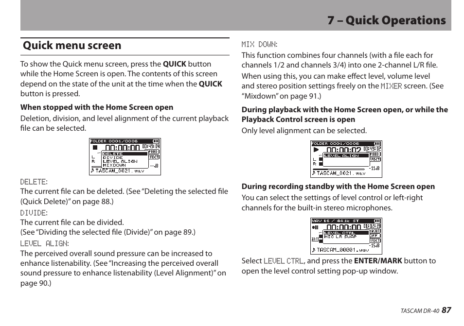 Quick menu screen, 7 – quick operations | Teac DR-40 User Manual | Page 87 / 120