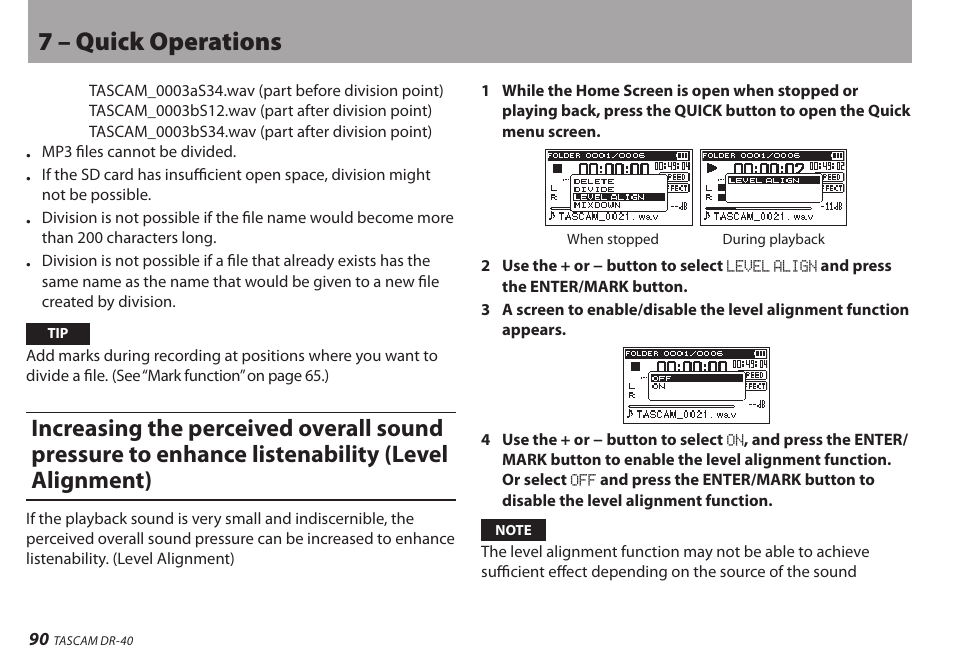 7 – quick operations | Teac DR-40 User Manual | Page 90 / 120