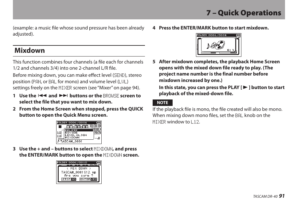 Mixdown, 7 – quick operations | Teac DR-40 User Manual | Page 91 / 120