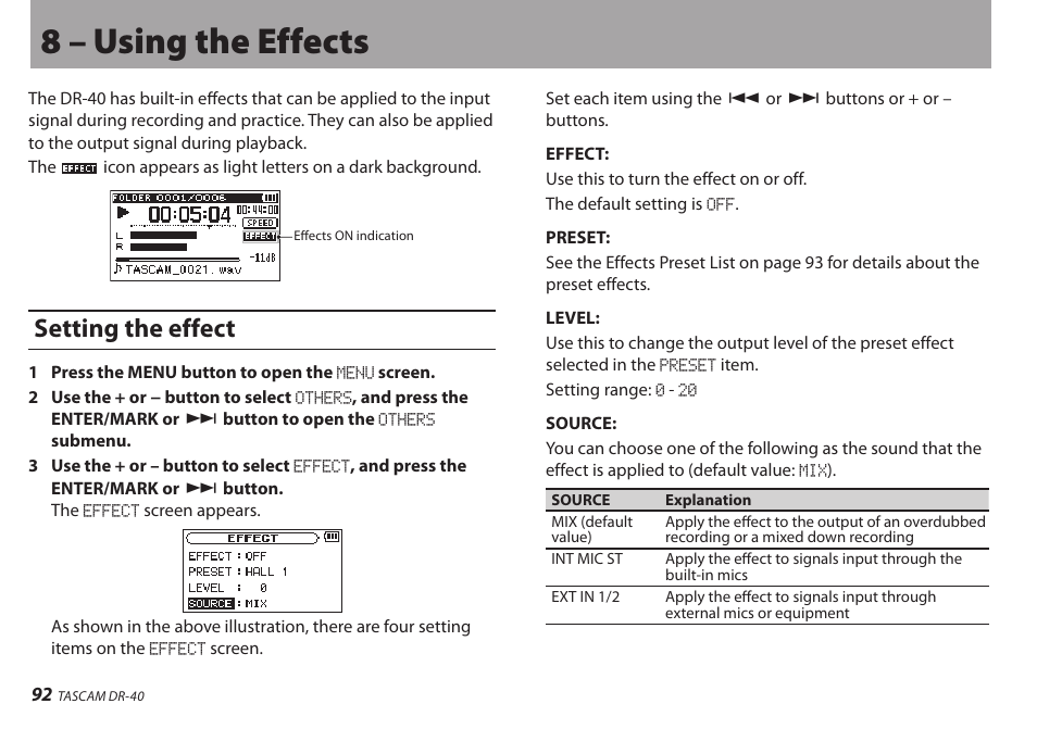 8 – using the effects, Setting the effect | Teac DR-40 User Manual | Page 92 / 120