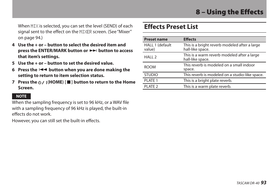 Effects preset list, 8 – using the effects | Teac DR-40 User Manual | Page 93 / 120