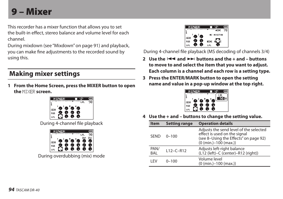 9 – mixer, Making mixer settings | Teac DR-40 User Manual | Page 94 / 120