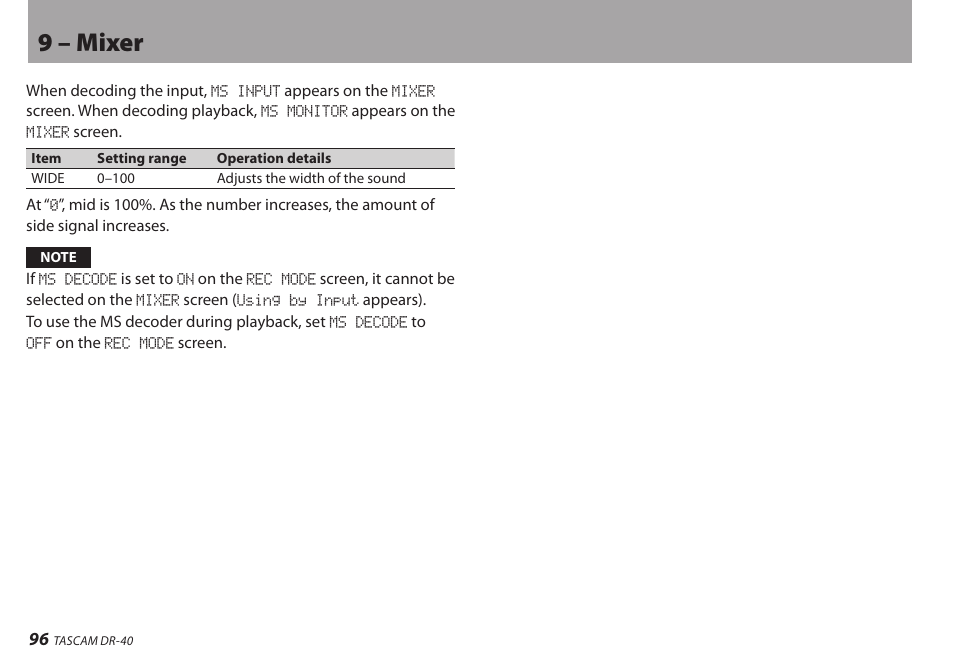 9 – mixer | Teac DR-40 User Manual | Page 96 / 120