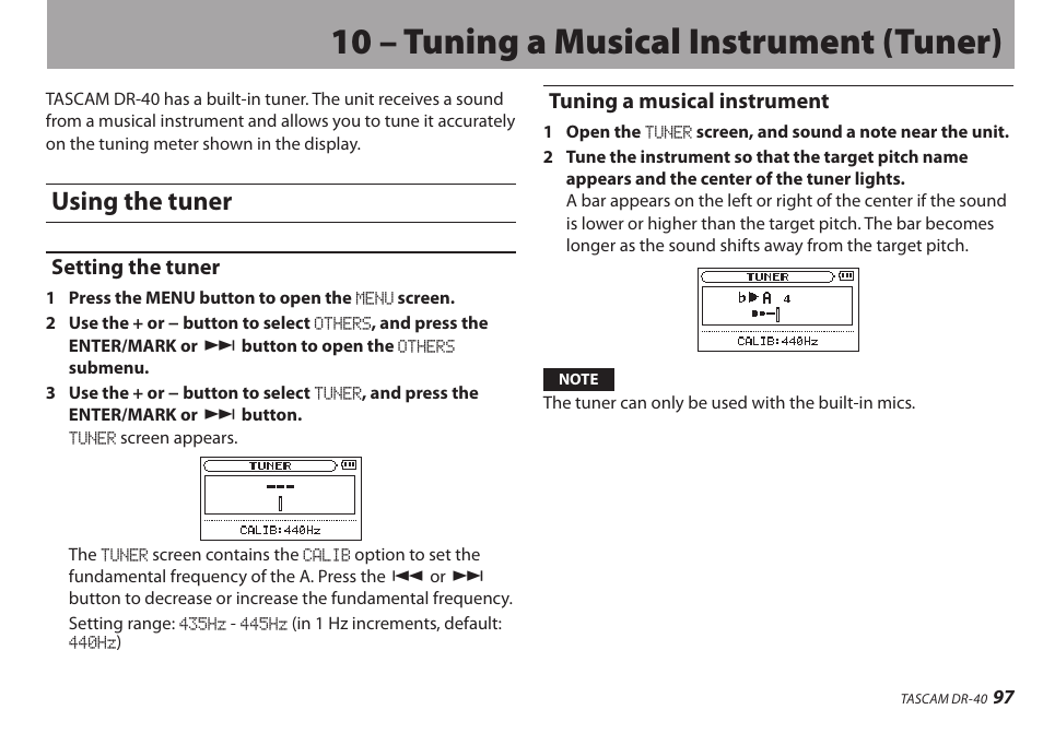 10 – tuning a musical instrument (tuner), Using the tuner, Setting the tuner | Tuning a musical instrument, Setting the tuner tuning a musical instrument | Teac DR-40 User Manual | Page 97 / 120