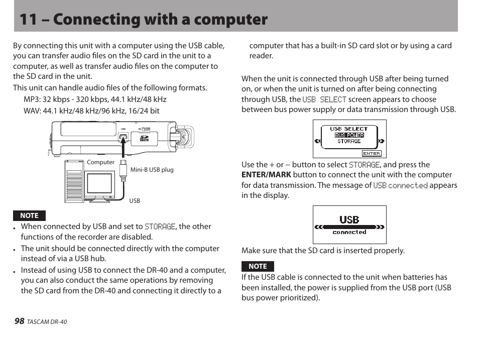 11 – connecting with a computer | Teac DR-40 User Manual | Page 98 / 120