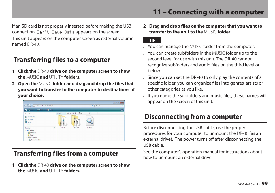 Transferring files to a computer, Transferring files from a computer, Disconnecting from a computer | 11 – connecting with a computer | Teac DR-40 User Manual | Page 99 / 120