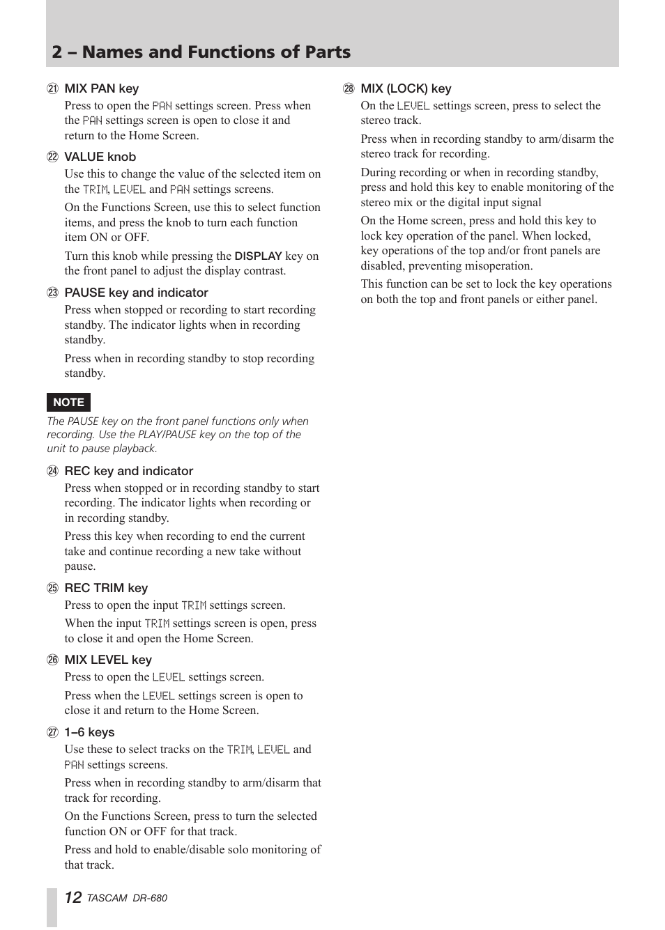 2 – names and functions of parts | Teac DR-680 User Manual | Page 12 / 56