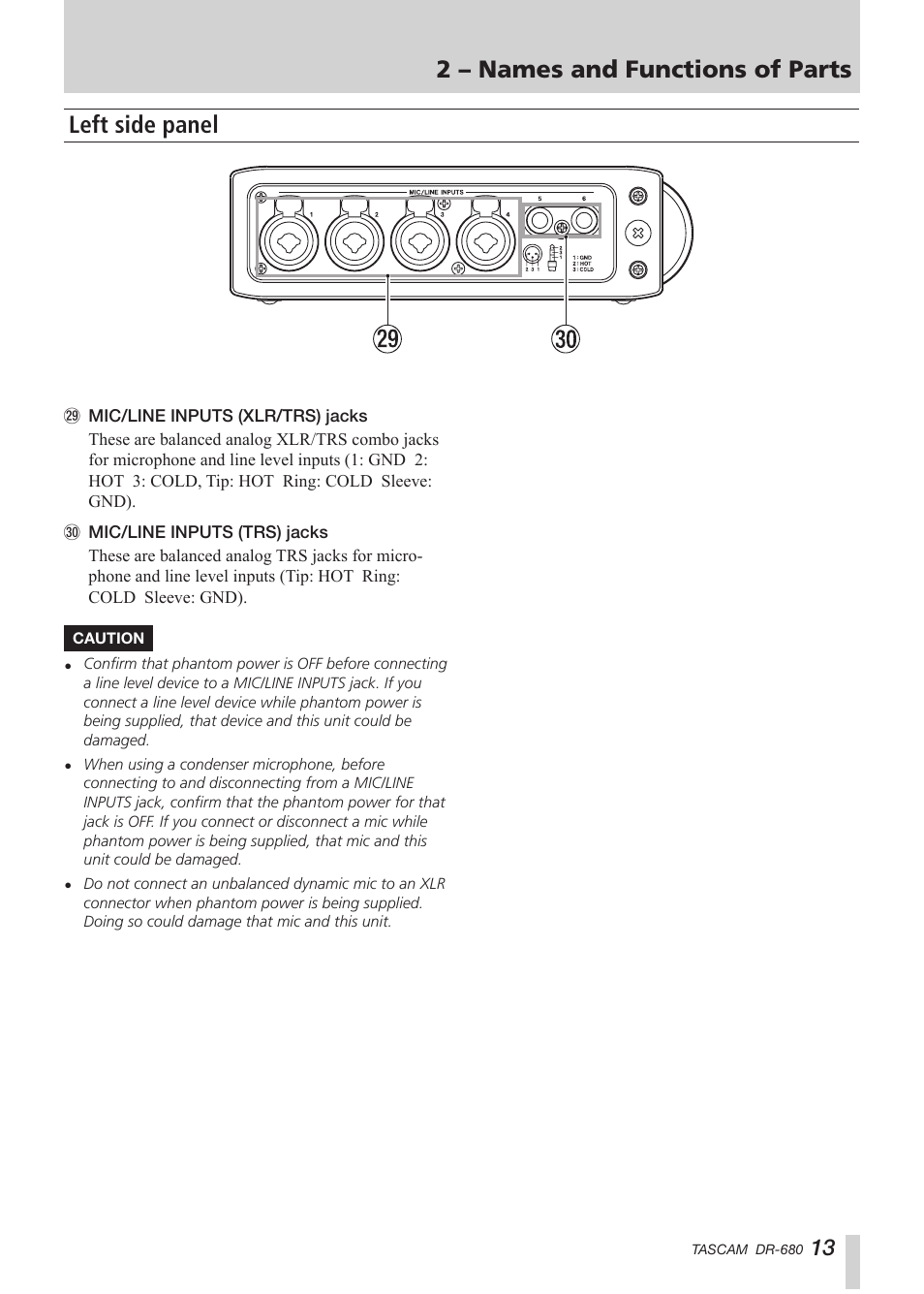 Left side panel, 2 – names and functions of parts | Teac DR-680 User Manual | Page 13 / 56