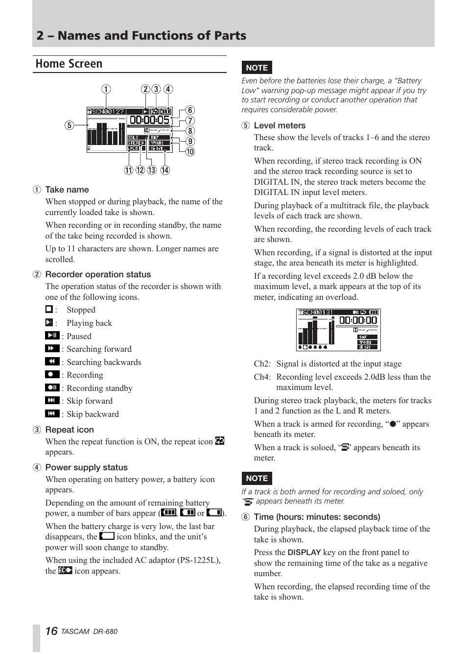 Home screen, 2 – names and functions of parts | Teac DR-680 User Manual | Page 16 / 56