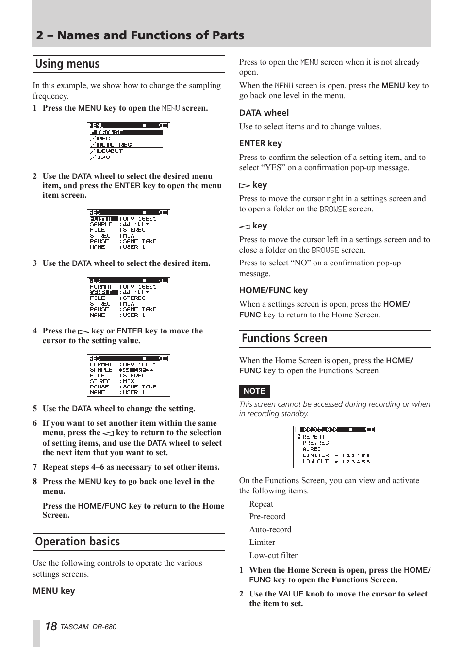 Using menus, Operation basics, Functions screen | 2 – names and functions of parts | Teac DR-680 User Manual | Page 18 / 56