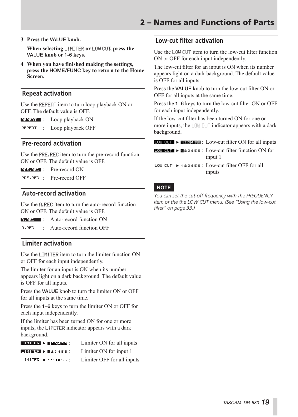 Repeat activation, Pre-record activation, Auto-record activation | Limiter activation, Low-cut filter activation, 2 – names and functions of parts | Teac DR-680 User Manual | Page 19 / 56