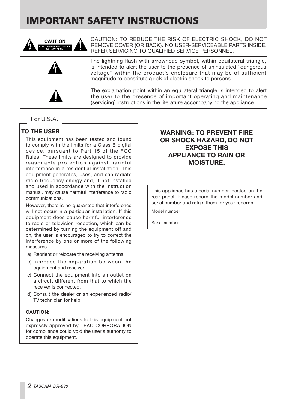 Important safety instructions | Teac DR-680 User Manual | Page 2 / 56