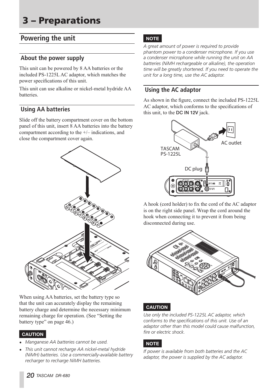 3 – preparations, Powering the unit, About the power supply | Using aa batteries, Using the ac adaptor | Teac DR-680 User Manual | Page 20 / 56