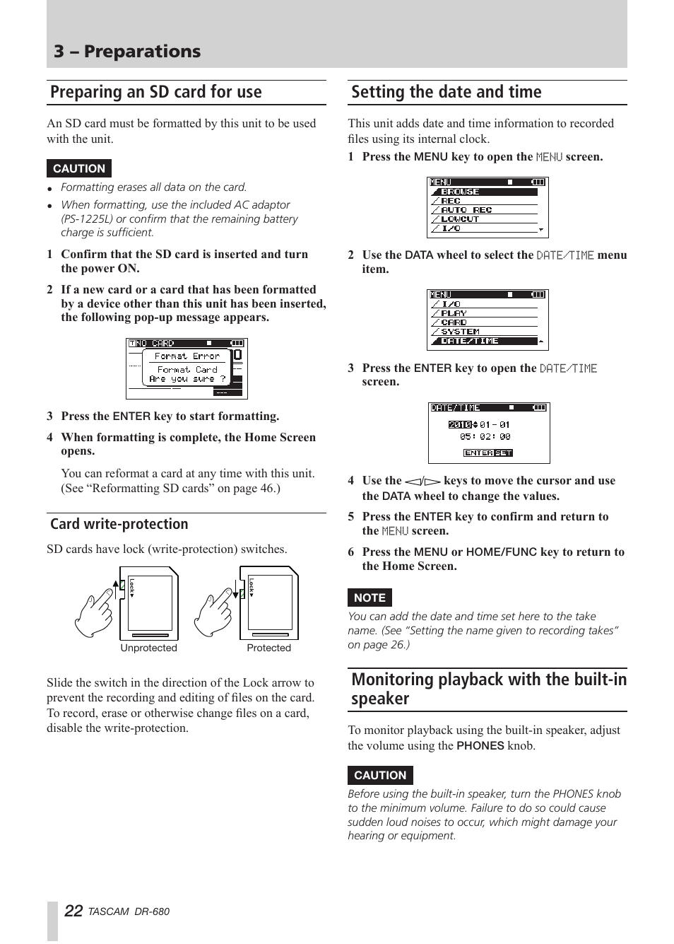 Preparing an sd card for use, Card write-protection, Setting the date and time | Monitoring playback with the built-in speaker, 3 – preparations | Teac DR-680 User Manual | Page 22 / 56