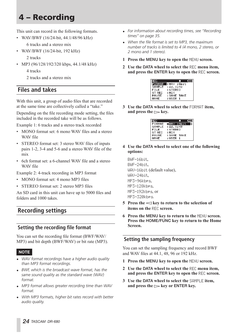 4 – recording, Files and takes, Recording settings | Setting the recording file format, Setting the sampling frequency | Teac DR-680 User Manual | Page 24 / 56