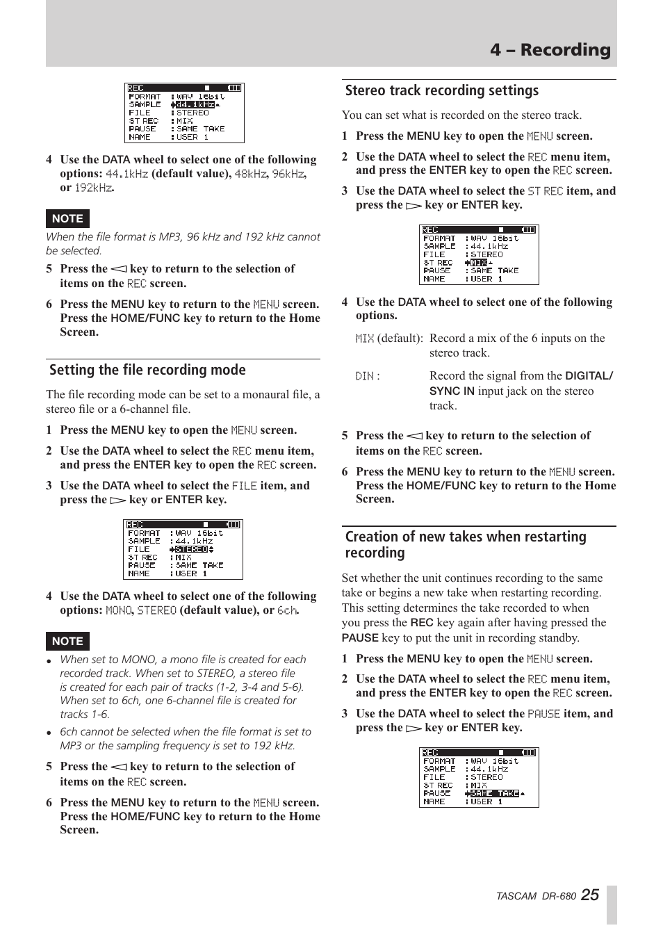 Setting the file recording mode, Stereo track recording settings, Creation of new takes when restarting recording | 4 – recording | Teac DR-680 User Manual | Page 25 / 56