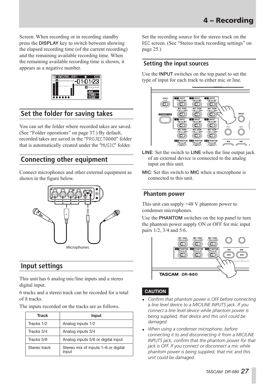 Set the folder for saving takes, Connecting other equipment, Input settings | Setting the input sources, Phantom power, 4 – recording | Teac DR-680 User Manual | Page 27 / 56