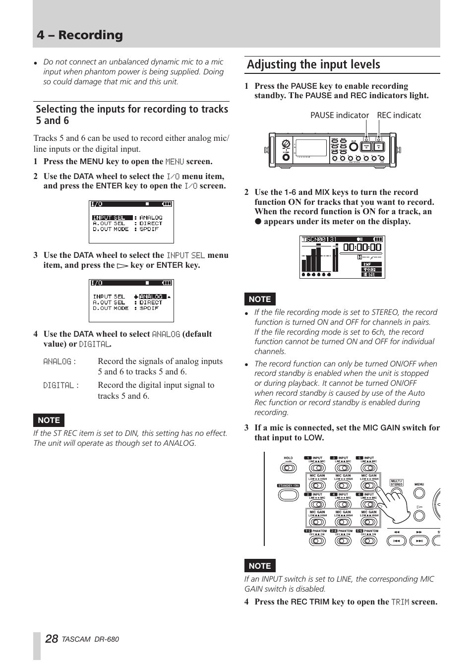 Adjusting the input levels, 4 – recording | Teac DR-680 User Manual | Page 28 / 56