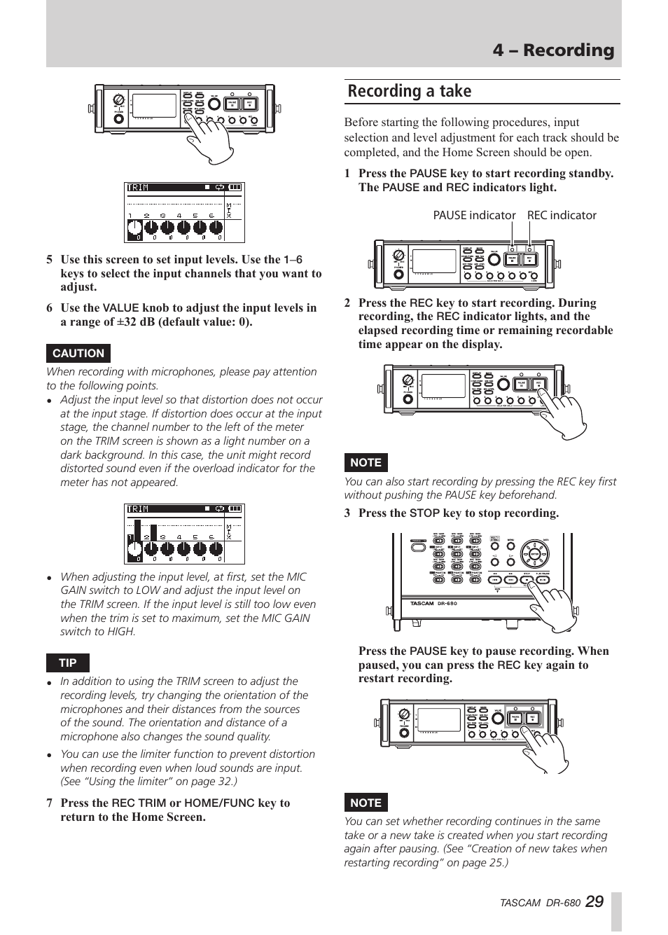 Recording a take, 4 – recording | Teac DR-680 User Manual | Page 29 / 56