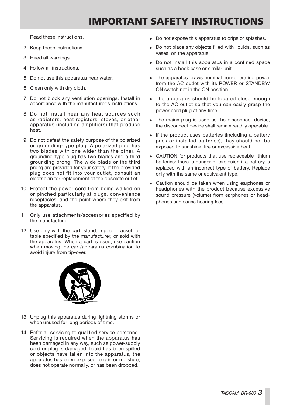 Important safety instructions | Teac DR-680 User Manual | Page 3 / 56