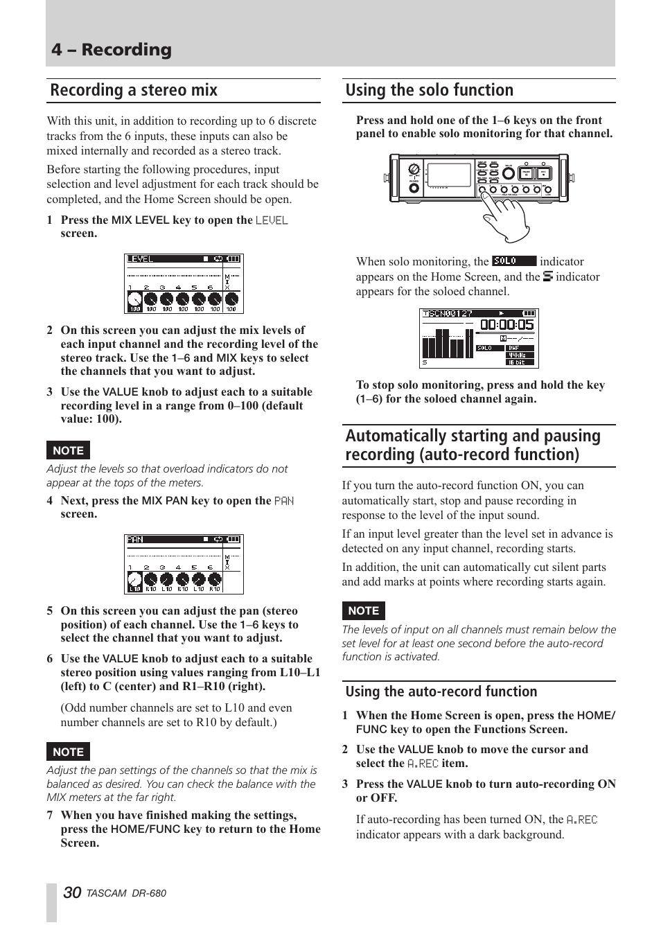 Recording a stereo mix, Using the solo function, Using the auto-record function | Automatically starting and pausing recording, Auto-record function), 4 – recording | Teac DR-680 User Manual | Page 30 / 56