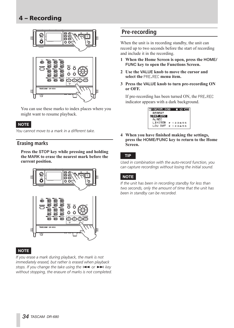 Erasing marks, Pre-recording, 4 – recording | Teac DR-680 User Manual | Page 34 / 56