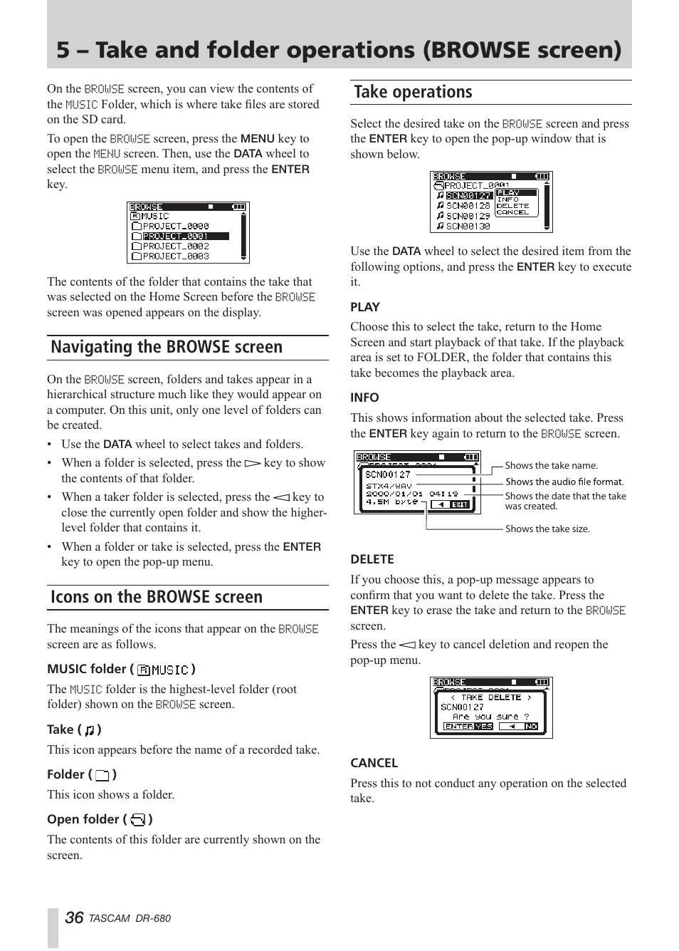 5 – take and folder operations (browse screen), Navigating the browse screen, Icons on the browse screen | Take operations, 5 – take and folder operations, Browse screen) | Teac DR-680 User Manual | Page 36 / 56