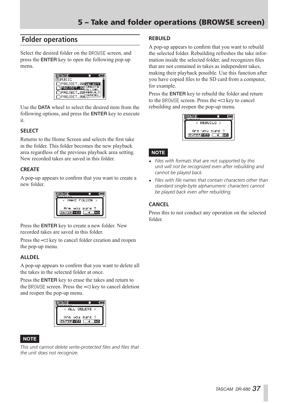 Folder operations, 5 – take and folder operations (browse screen) | Teac DR-680 User Manual | Page 37 / 56