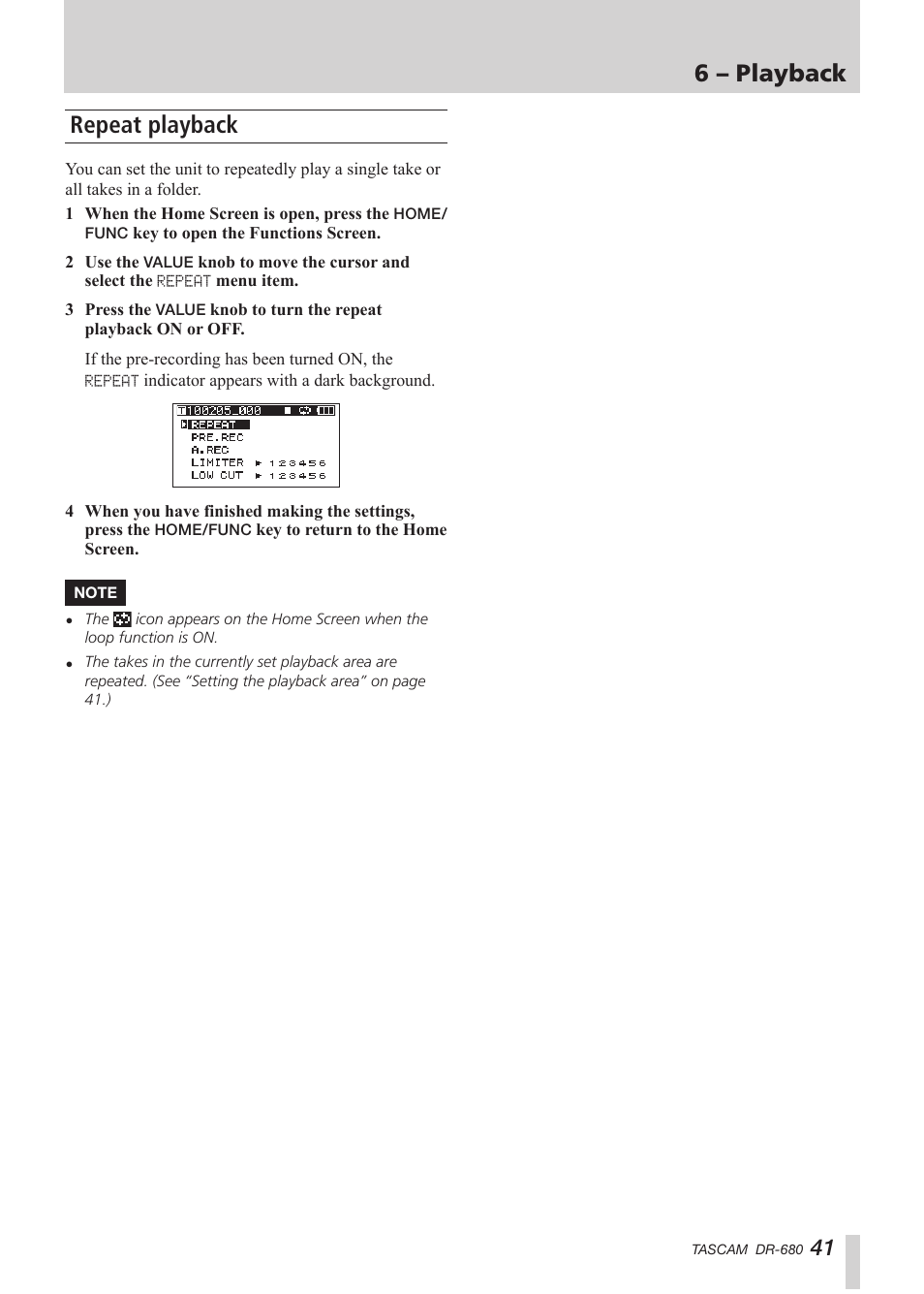 Repeat playback, 6 – playback | Teac DR-680 User Manual | Page 41 / 56