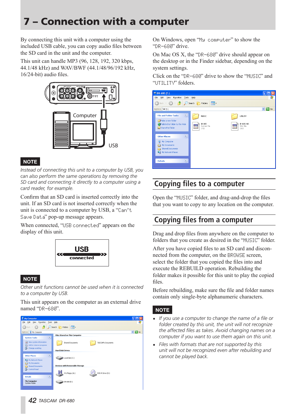 7 – connection with a computer, Copying files to a computer, Copying files from a computer | Teac DR-680 User Manual | Page 42 / 56