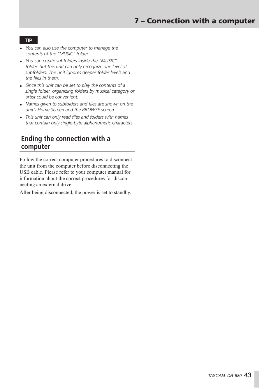 Ending the connection with a computer, 7 – connection with a computer | Teac DR-680 User Manual | Page 43 / 56